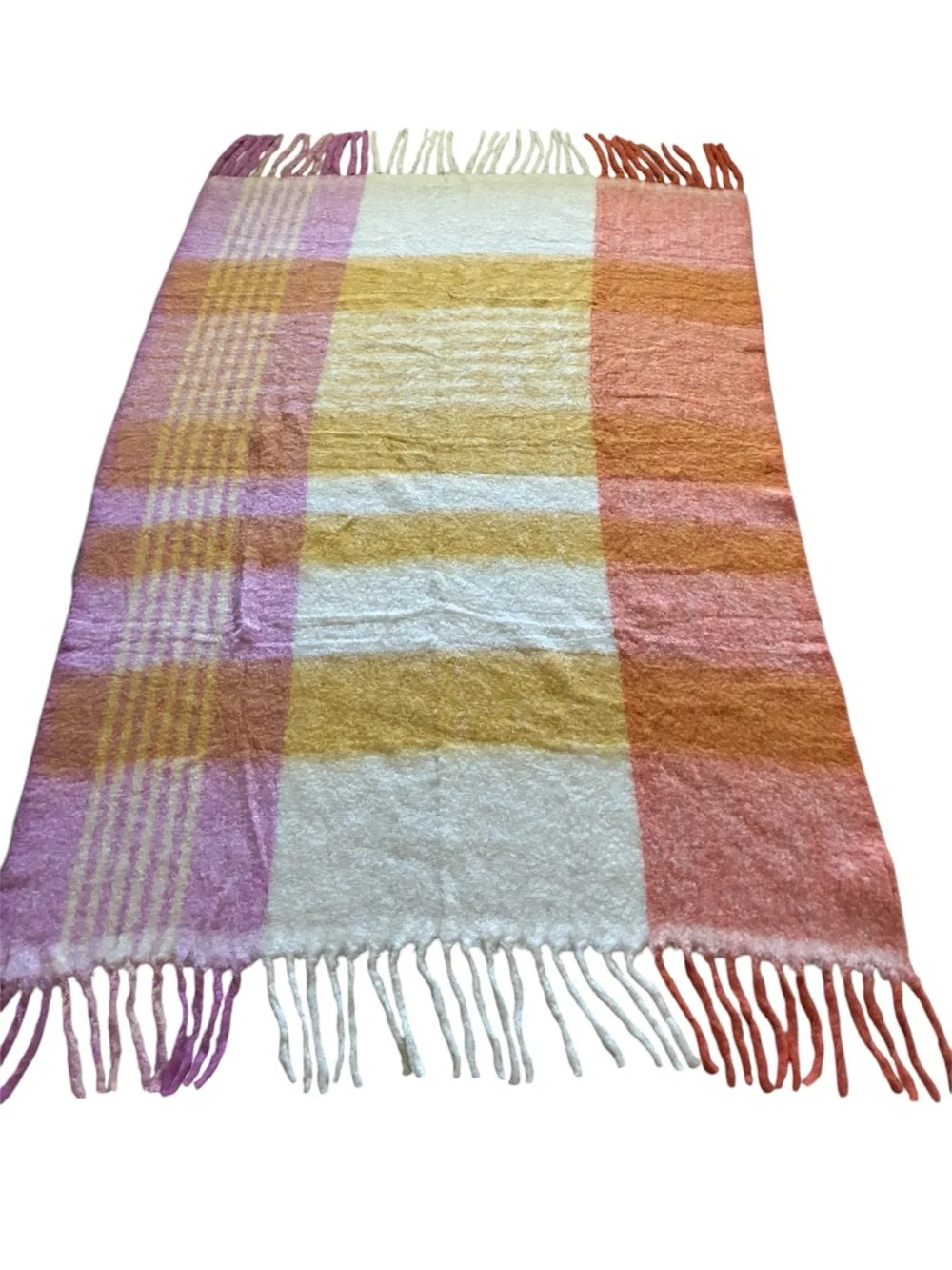 Anthropologie Brushed Mohair Wool Plaid Tassel Throw Blanket Striped Pastels